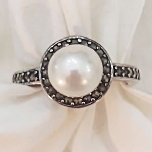 Natural Sterling Silver Pearl Cocktail Ring with Marcasite Size 7
